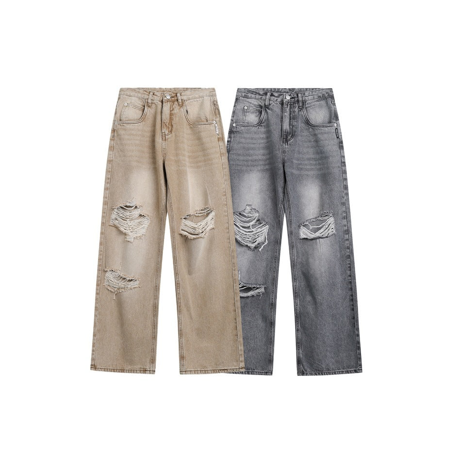 Trendy Distressed Baggy Jeans - Mid-Rise Denim