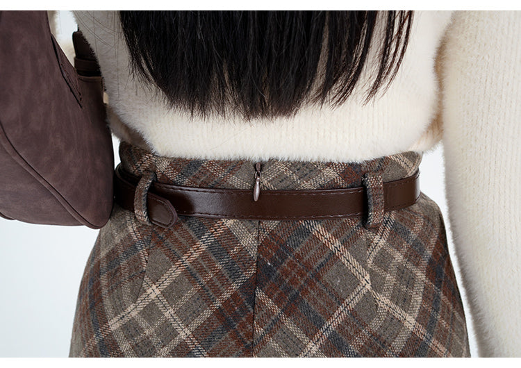 Chic High Waist Wool Blend Plaid A Line Midi Skirt for Women