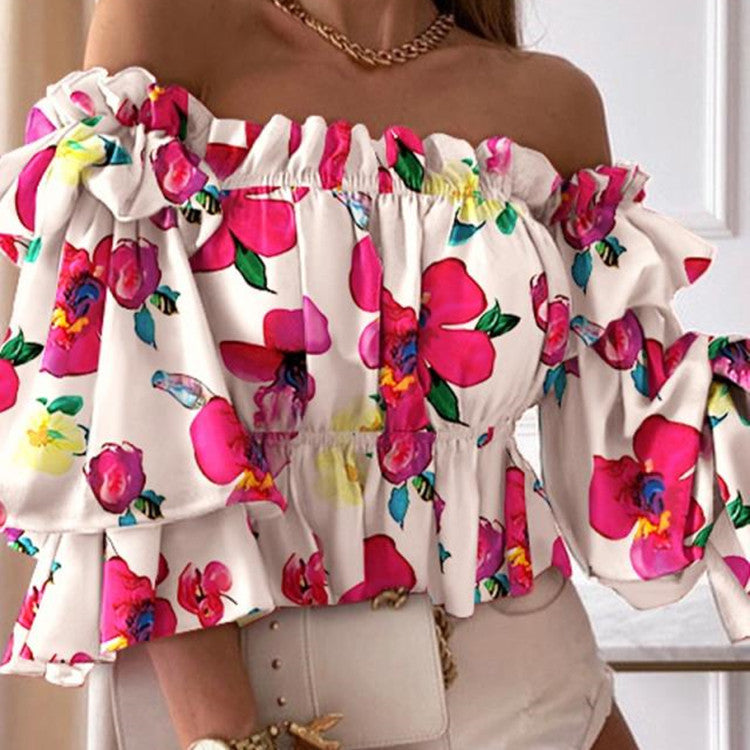 Chic Floral Off-Shoulder Blouse with Ruffled Long Sleeves