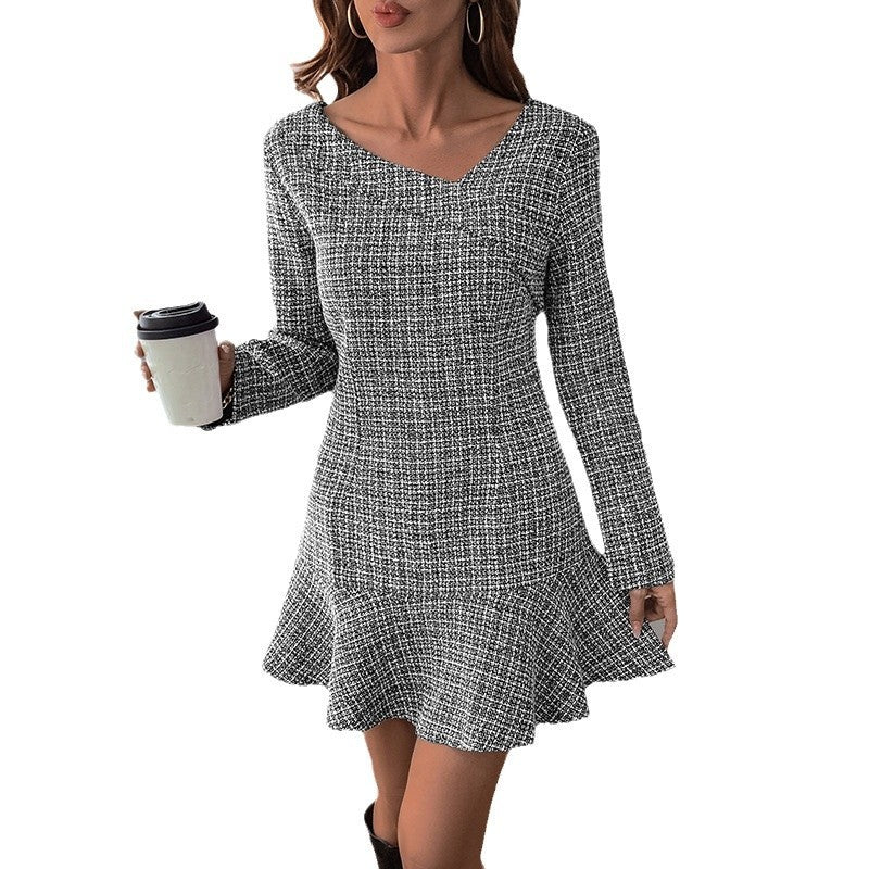 Chic Tweed Long Sleeve Mini Dress with Ruffle Hem