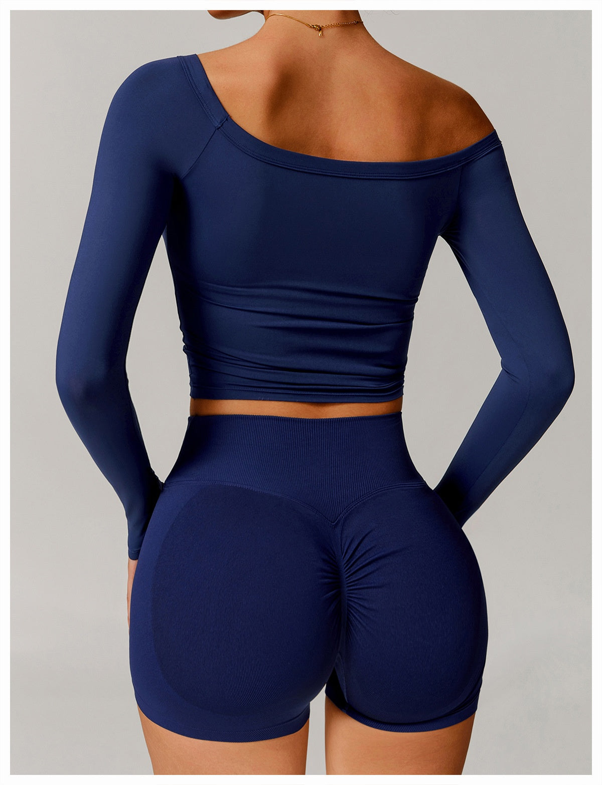 Off Shoulder Long Sleeve Brushed Active Crop Top and High Waisted Shorts Set for Workouts