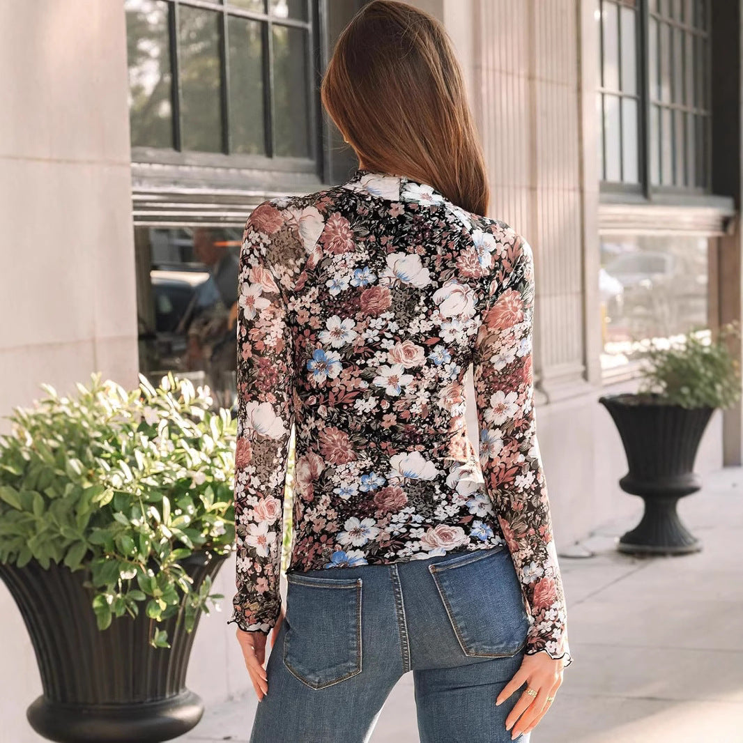 Elegant High Neck Floral Print Mesh Long Sleeve Pullover Top