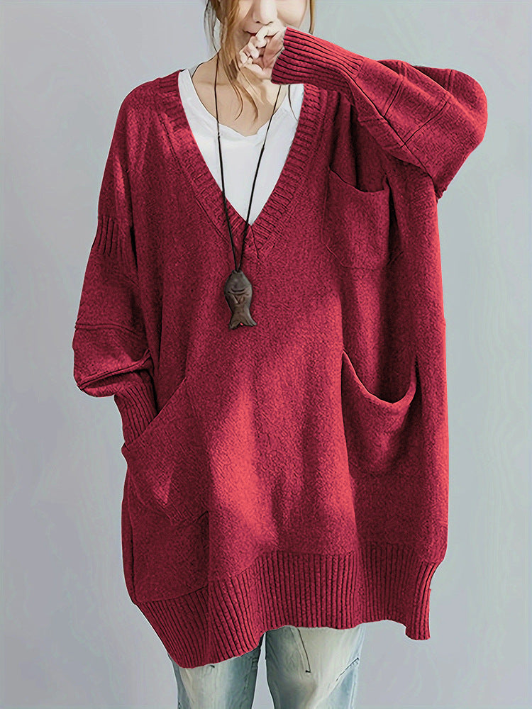 Comfortable Loose Fit V Neck Long Sleeve Pullover Sweater with Pockets