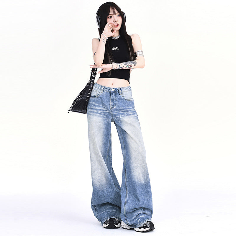 Washed-Out Denim Wide-Leg Jeans - Loose Fit Y2K Style