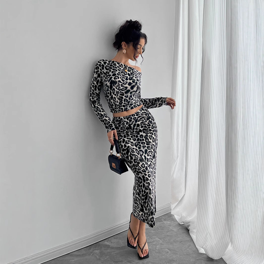 Stylish Leopard Print Off Shoulder Long Sleeve Crop Top and Slit Maxi Skirt Two Piece Set