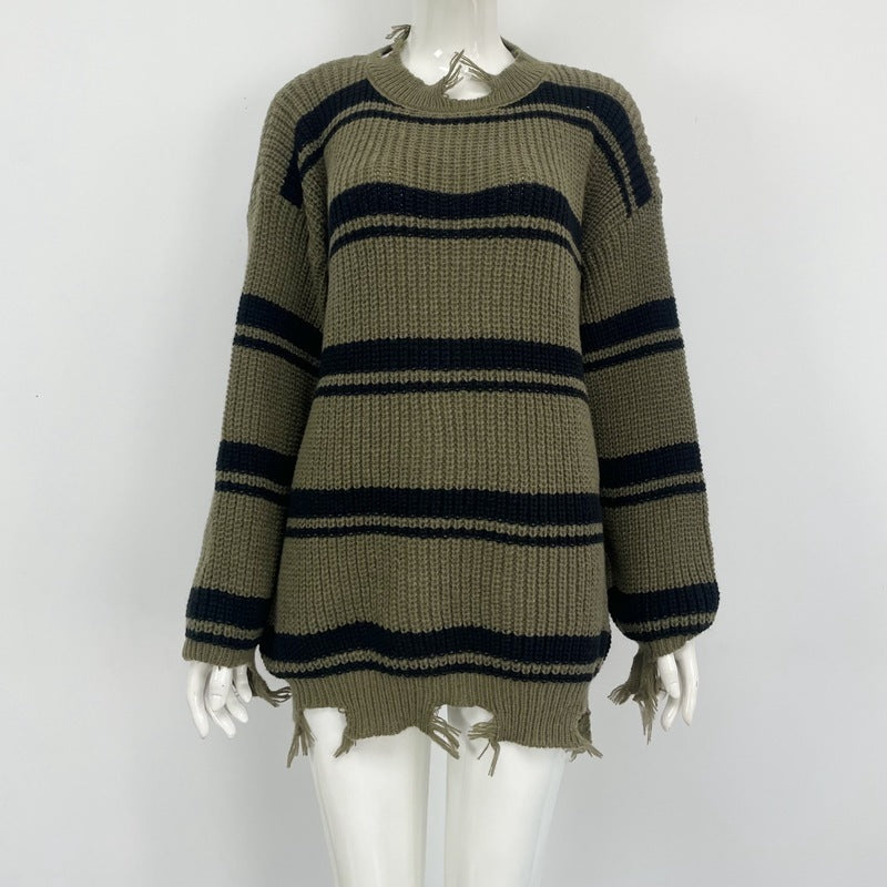 Cozy Striped Loose Knit Pullover Sweater with Round Neckline