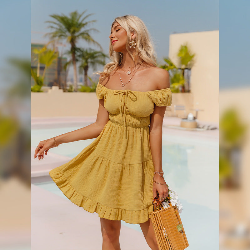Chic Yellow Cotton Square Neck Off-Shoulder Mini Dress