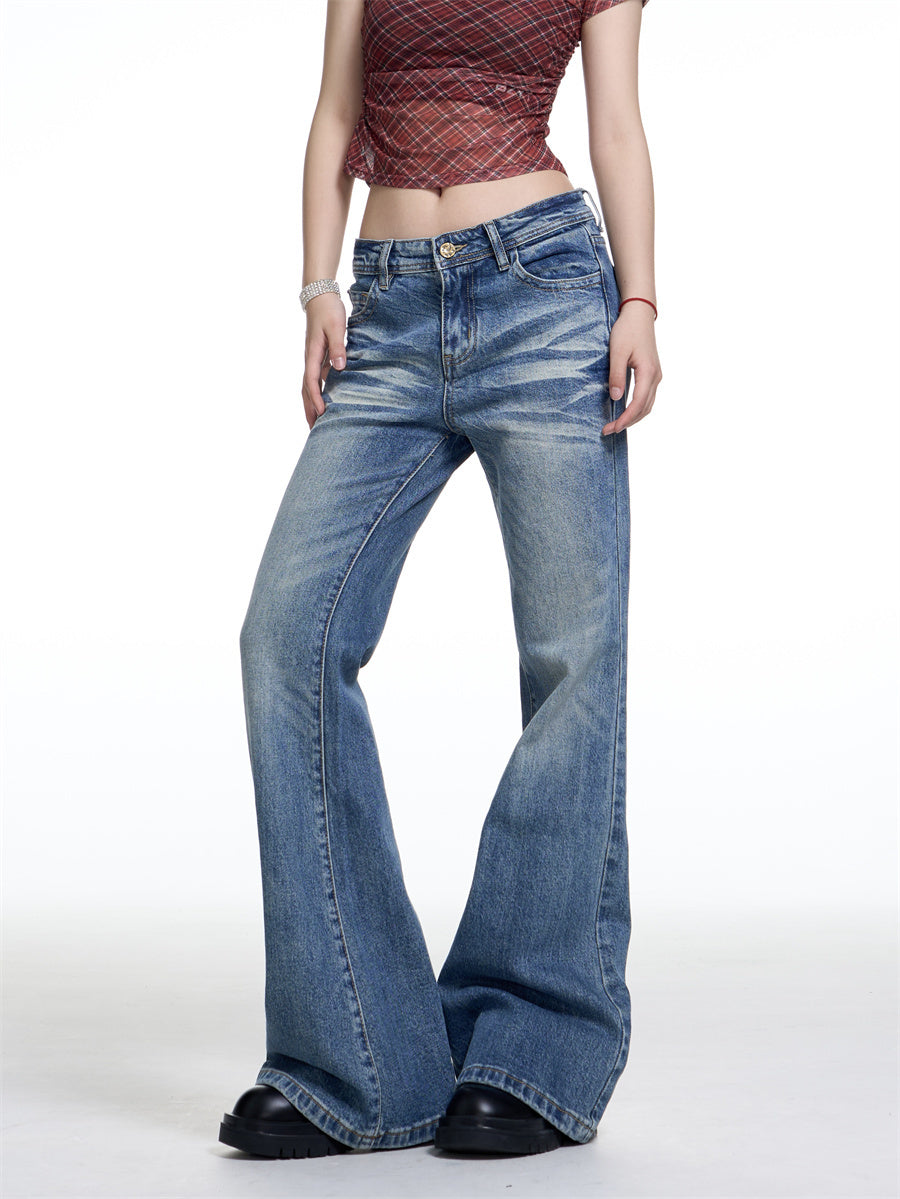 Retro Washed Wide Leg Jeans - Low Rise Denim for Women
