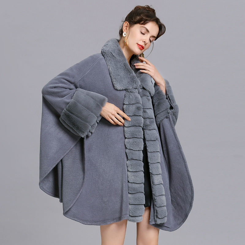 Chic Oversized Knitted Cardigan with Faux Fur Trim Collar and Cuffs