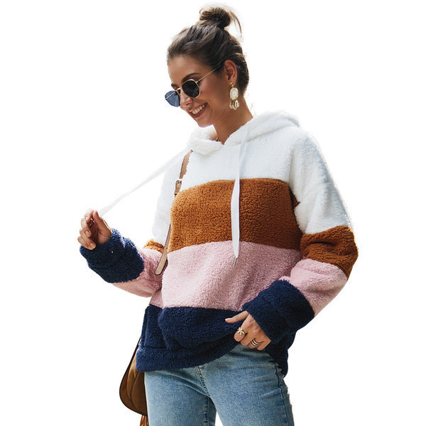 Cozy Color Block Plush Fleece Hooded Sweatshirt with Pockets