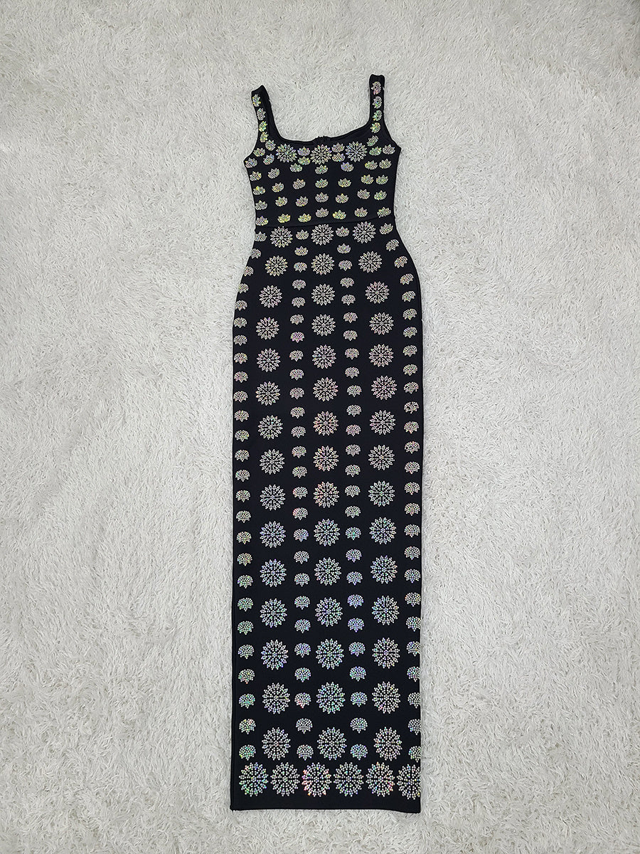 Elegant Black Rhinestone Sleeveless Maxi Evening Dress