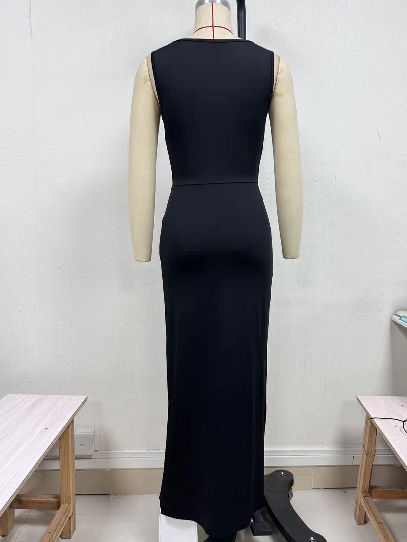 Sleeveless Cutout Lace Up Side Slit Black Maxi Dress