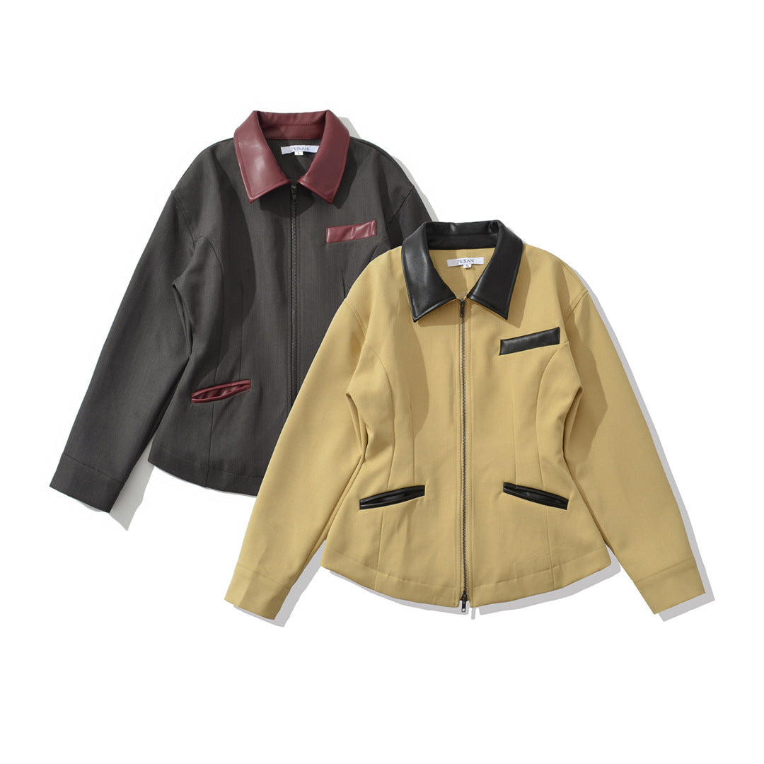 Retro Contrast Lapel Faux Leather Waist-Sculpting Biker Jacket with Zipper Detail