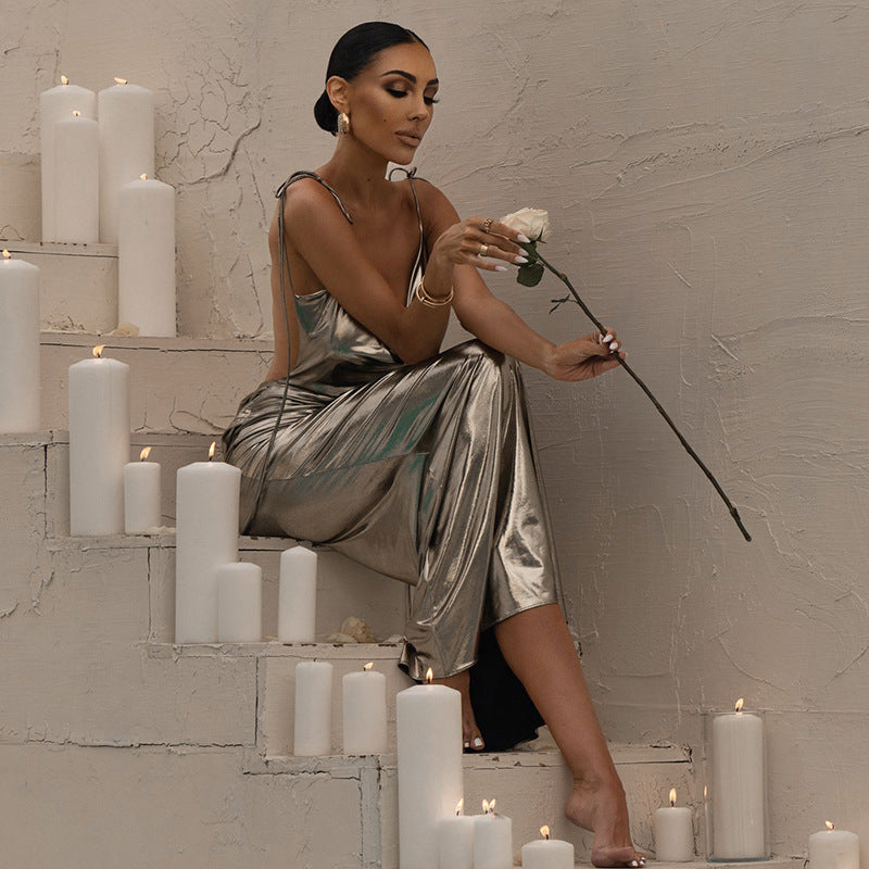 Women's Elegant Shimmering Gold Cowl Neck Slim Fit Maxi Dress for Special Evenings