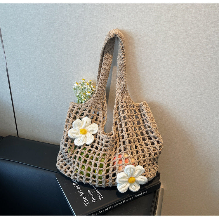Elegant Knitted Flower Mesh Shoulder Bag - Versatile & Spacious