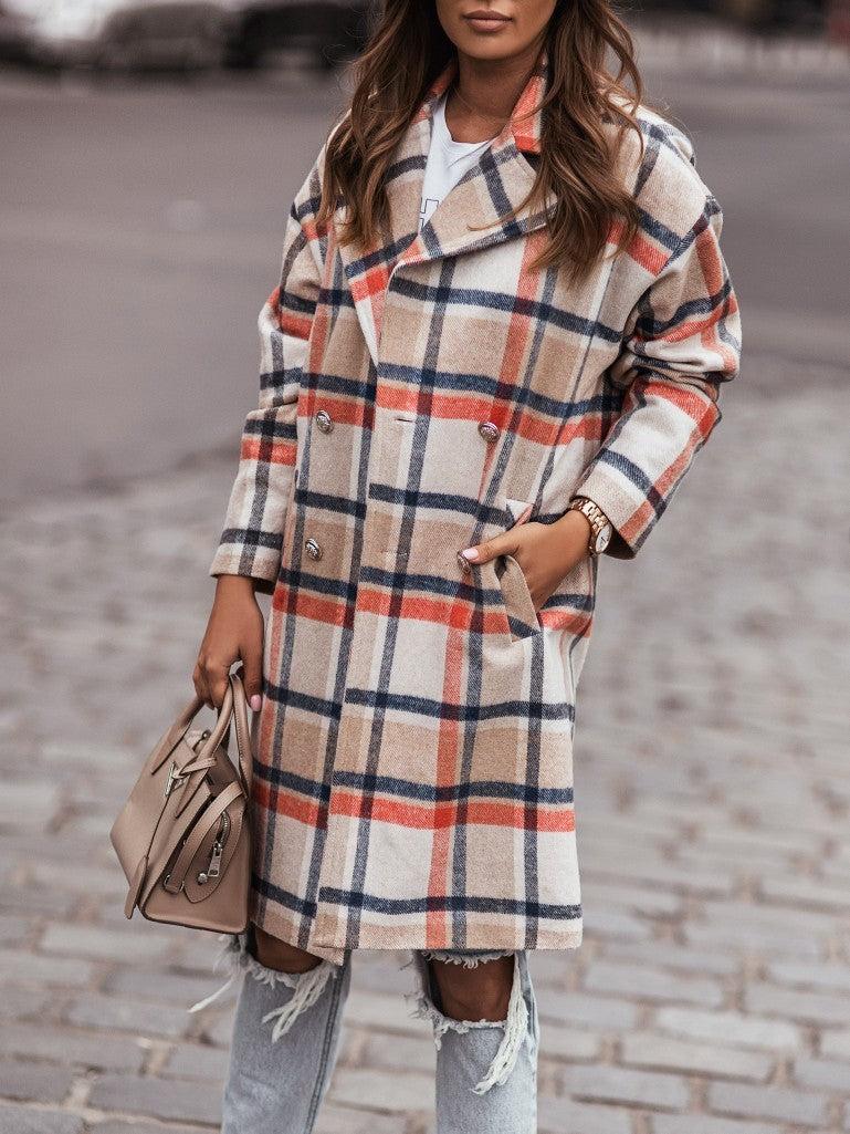 Chic Plaid Double-Breasted Long Coat for Women - Casual Winter Outerwear
