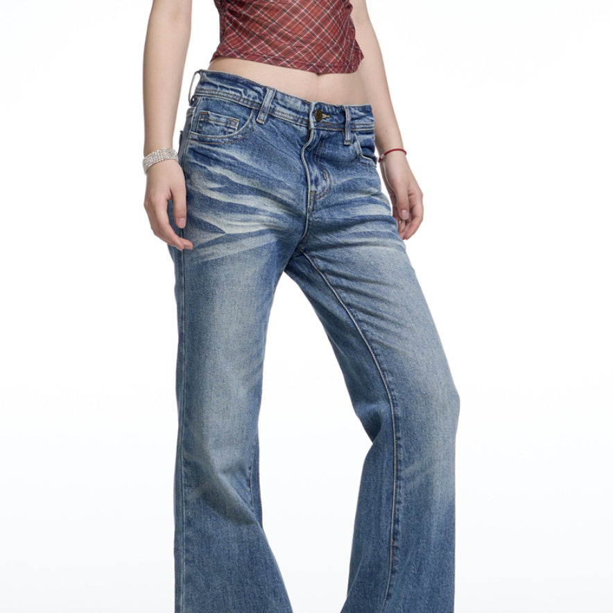 Retro Washed Wide Leg Jeans - Low Rise Denim for Women