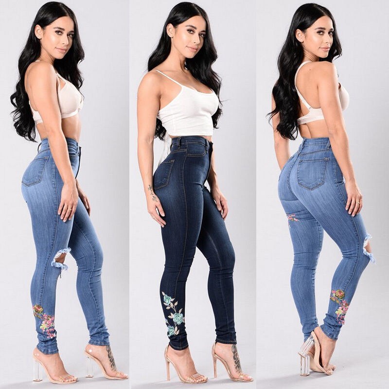 Chic Floral Embroidered High-Waist Skinny Jeans