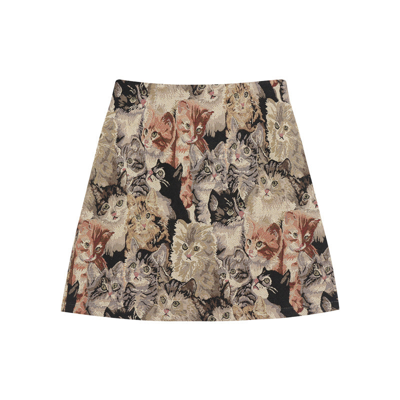 Chic High-Waisted A-Line Mini Skirt with Adorable Cat Tapestry Pattern