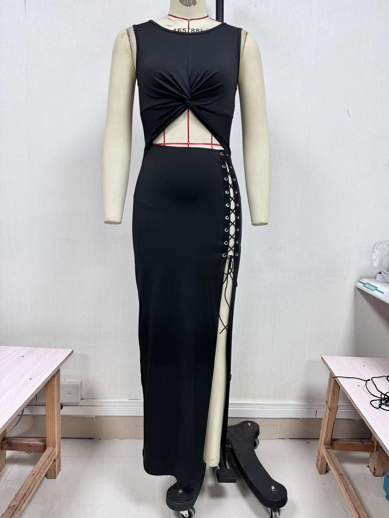 Sleeveless Cutout Lace Up Side Slit Black Maxi Dress