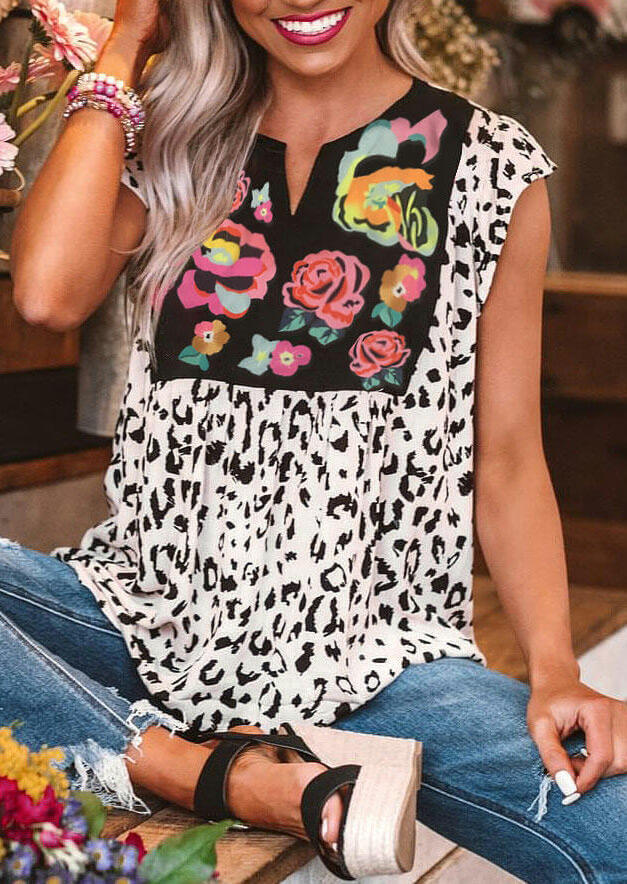 Boho V-Neck Floral Leopard Print Blouse for Women