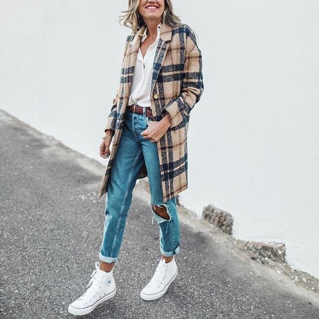Chic Women's Plaid Long Coat - Loose Fit Checkered Outerwear