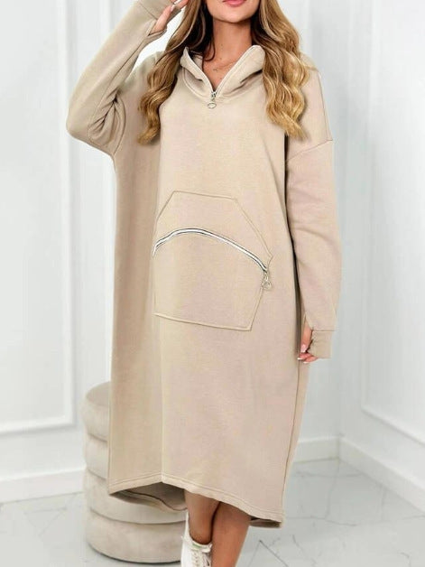 Cozy Casual Hooded Sweatshirt Dress with Zipper Detail and Pockets