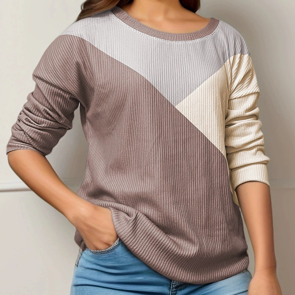 Effortless Comfort Color Block Ribbed Knit Long Sleeve Pullover Top