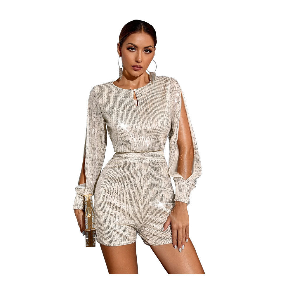 Sparkling Sequin Long Sleeve Romper - Elegant Party Jumpsuit