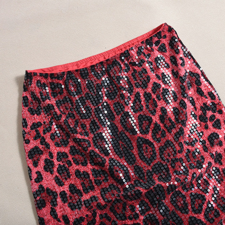 Stunning Leopard Print Sequin Maxi Fishtail Skirt