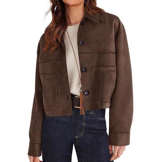 Chic Faux Suede Cropped Jacket Perfect for Effortless Casual Autumn Style