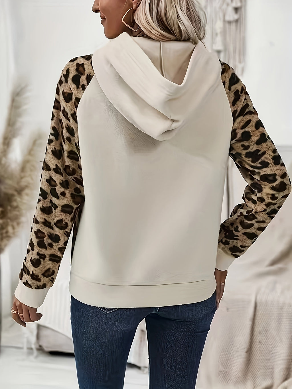 Stylish Leopard Print Color Block Casual Hooded Pullover Sweatshirt