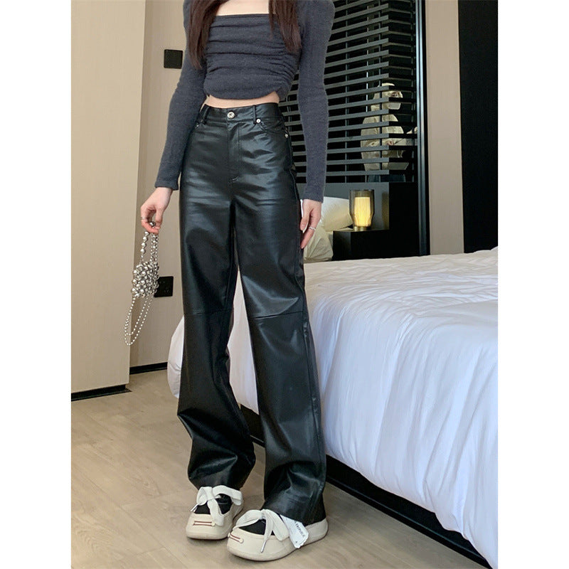 Women's High Waist Faux Leather Pants - Wide Leg Trousers