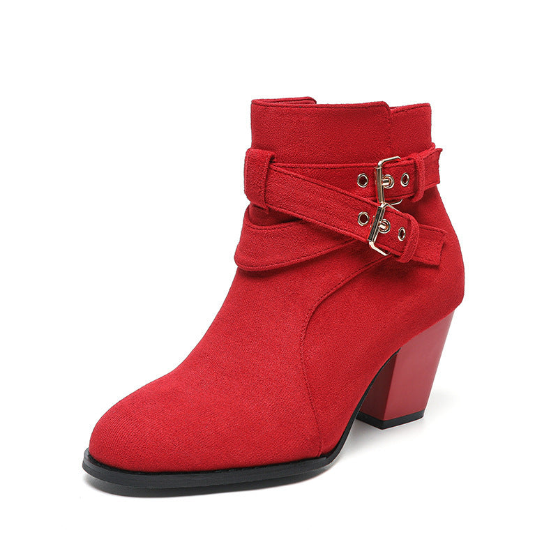 Adalyn Suede Buckle Block Heel Boots