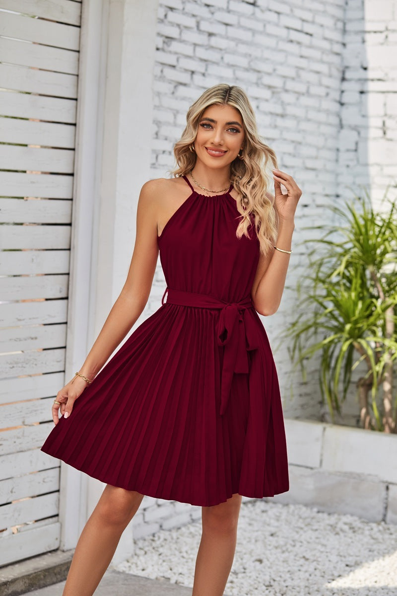 Women's Halter Pleated Dress - Lace-up Cocktail Mini