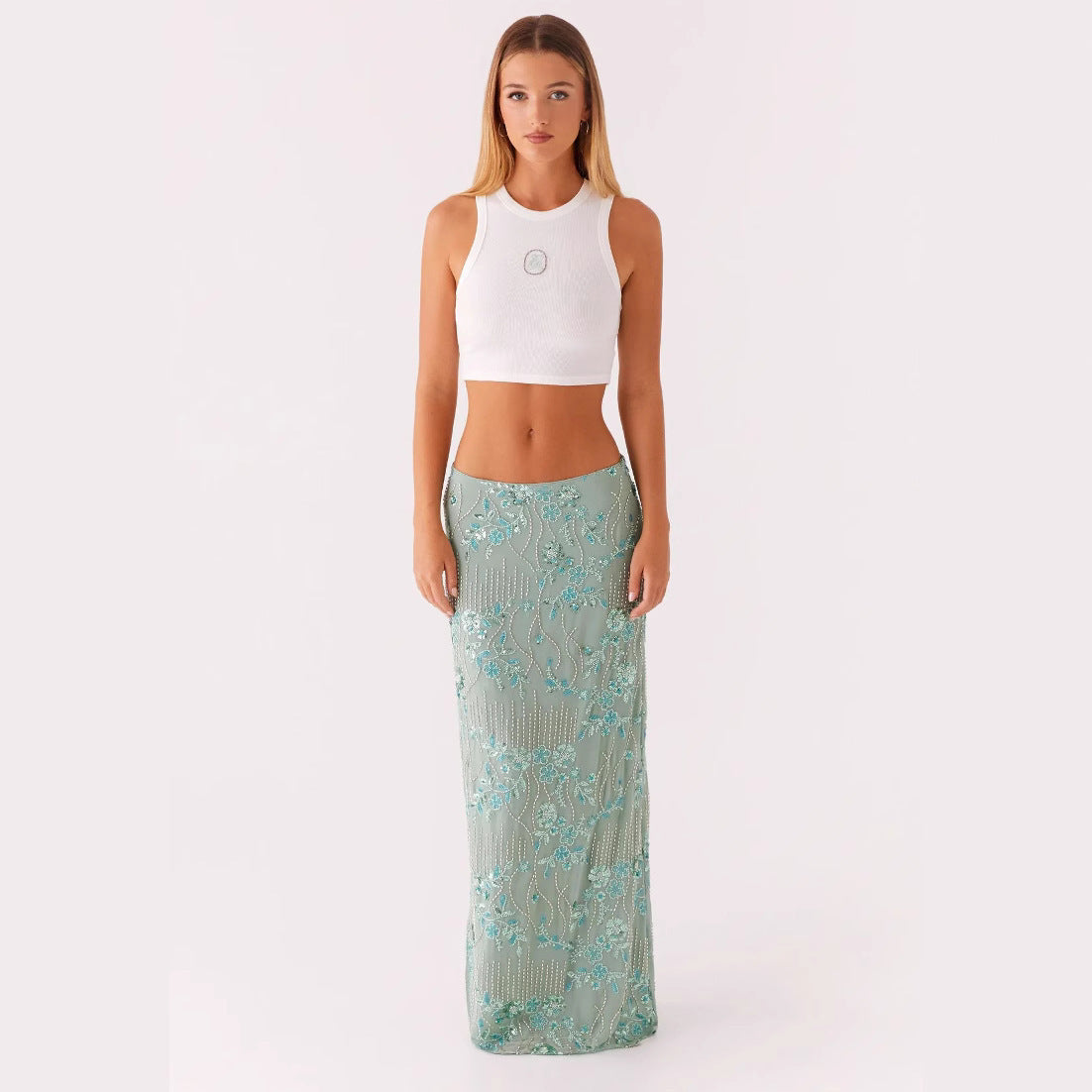 Sparkling Sequined Embroidered Maxi Skirt for Evening Occasions and Parties