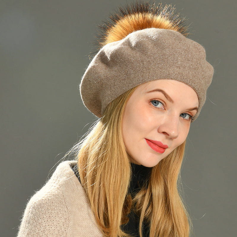 Women's Wool Beret with Real Raccoon Fur Pom Pom