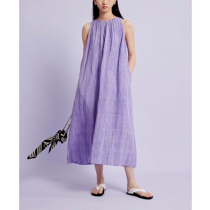 Effortless Relaxed Fit Pleated Neckline Sleeveless Midi Dress with Pockets