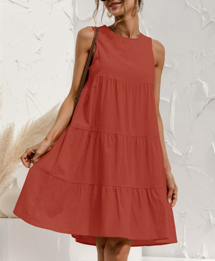 Effortless Cotton Linen Tiered Midi Dress - Casual Sleeveless Summer Style