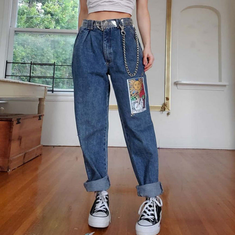 Women's loose printed blue trousers jeans