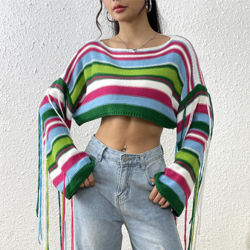 Vibrant Striped Loose Cropped Sweater with Bell Sleeves