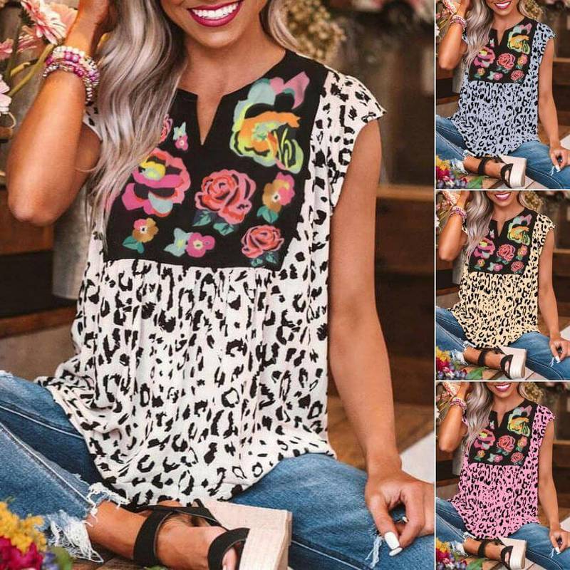 Boho V-Neck Floral Leopard Print Blouse for Women