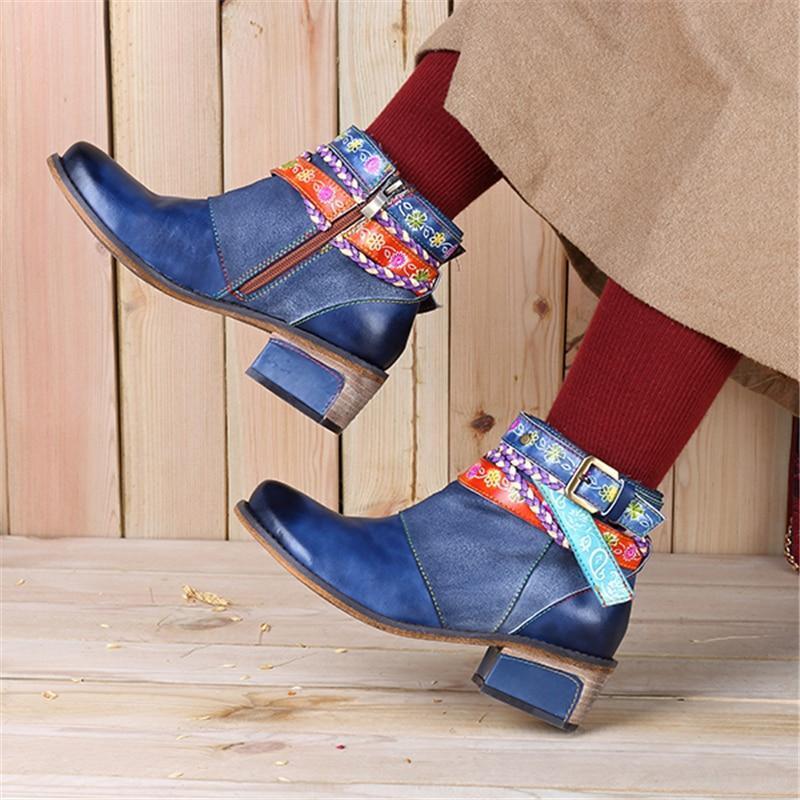 Bohemian Leather Ankle Boots with Floral Art