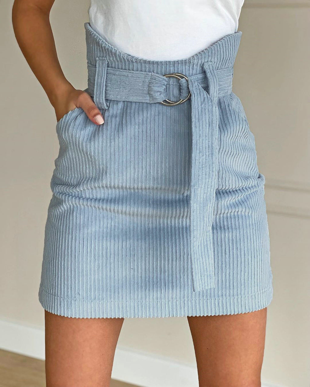 Chic High Waisted Corduroy A Line Mini Skirt with D Ring Belt and Pockets