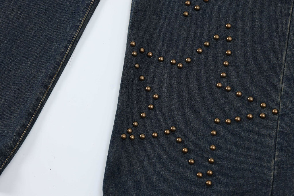 Retro Washed Studded Straight-Leg Baggy Denim Jeans