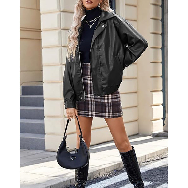 Street Style Loose Fit Faux Leather Bomber Jacket Trendy Design