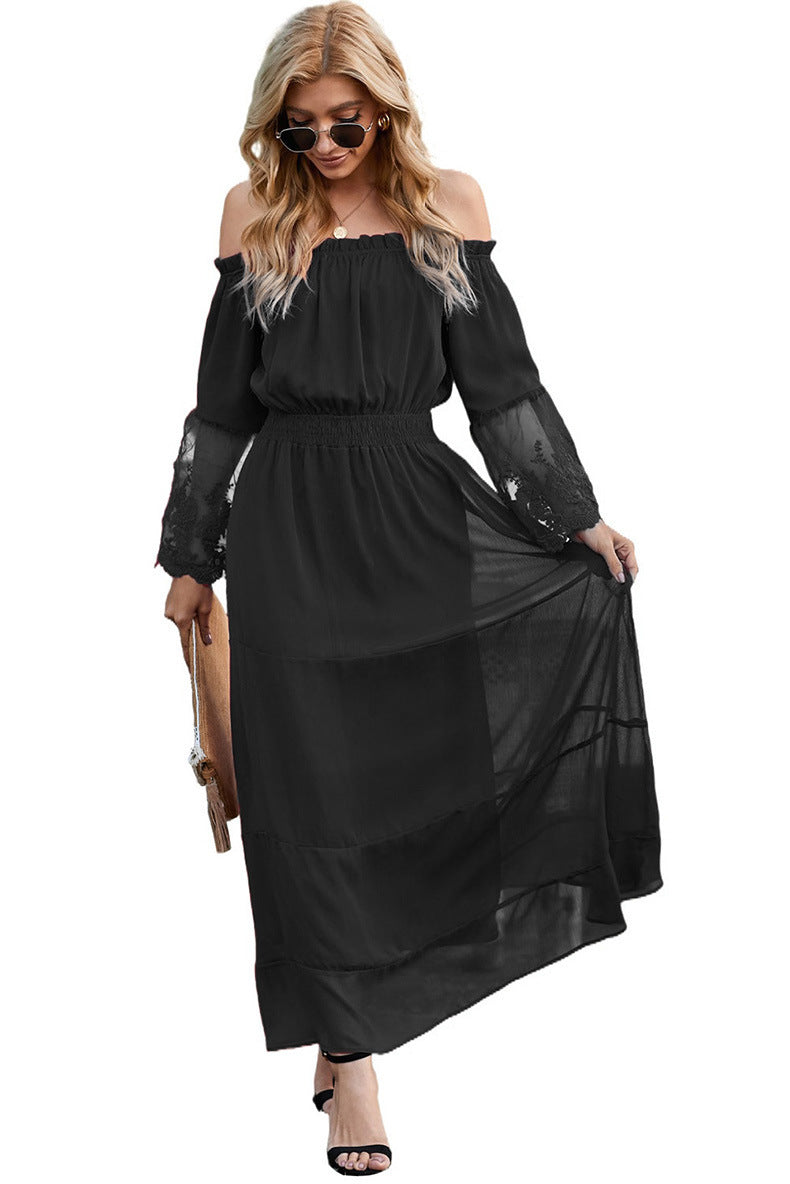 Fashionable Off Shoulder Ruffle Sleeve A Line Flowy Maxi Dress for Women