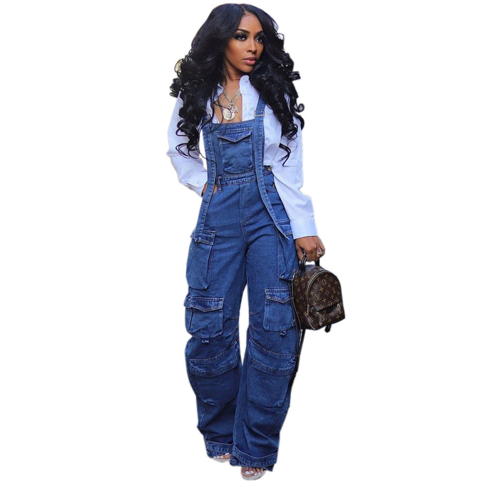 Women's Loose Fit Denim Jumpsuit - Casual Straight Leg
