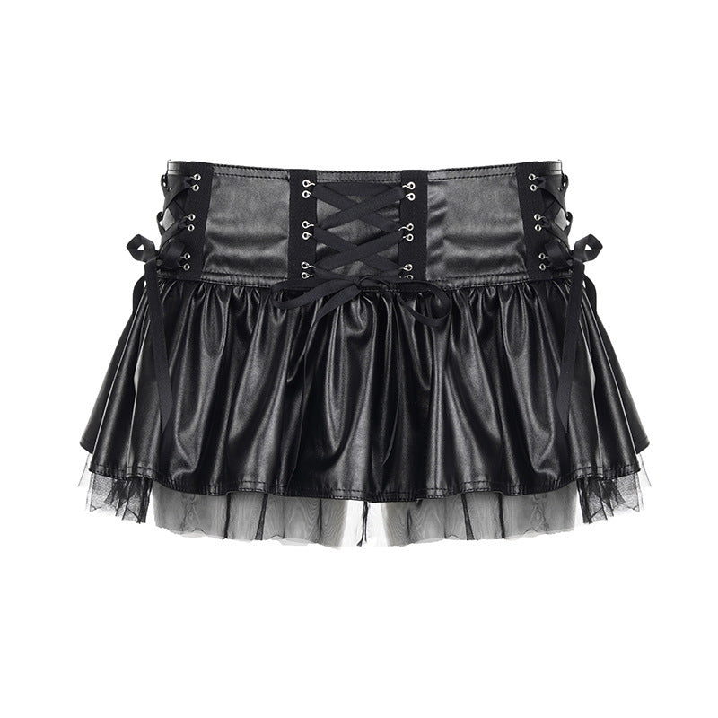 Lace Up Pleated Faux Leather Mini Skirt with Tulle Trim