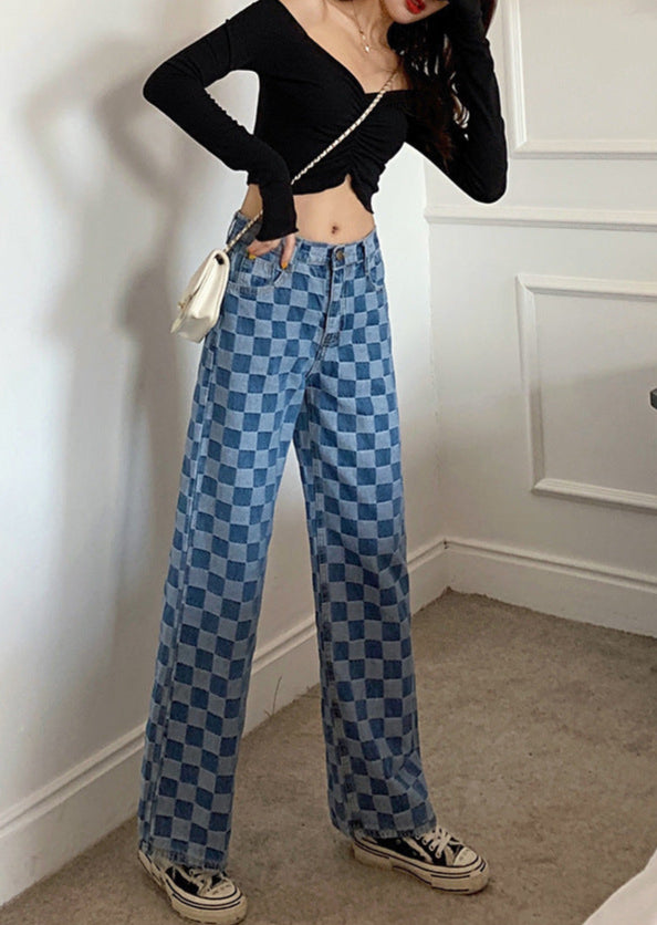 Retro Checkerboard Wide-Leg Jeans